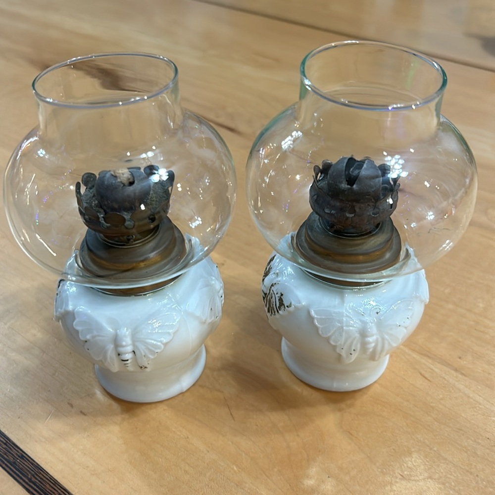 A Pair of Milk Glass Small Kerosene Lamps